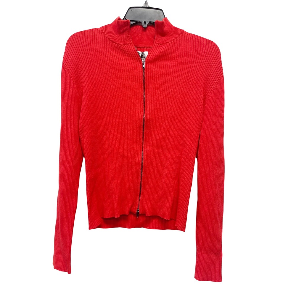 Future Collective Women's Red Ribbed Mock Neck Zip Up Cardigan Sweater Size L